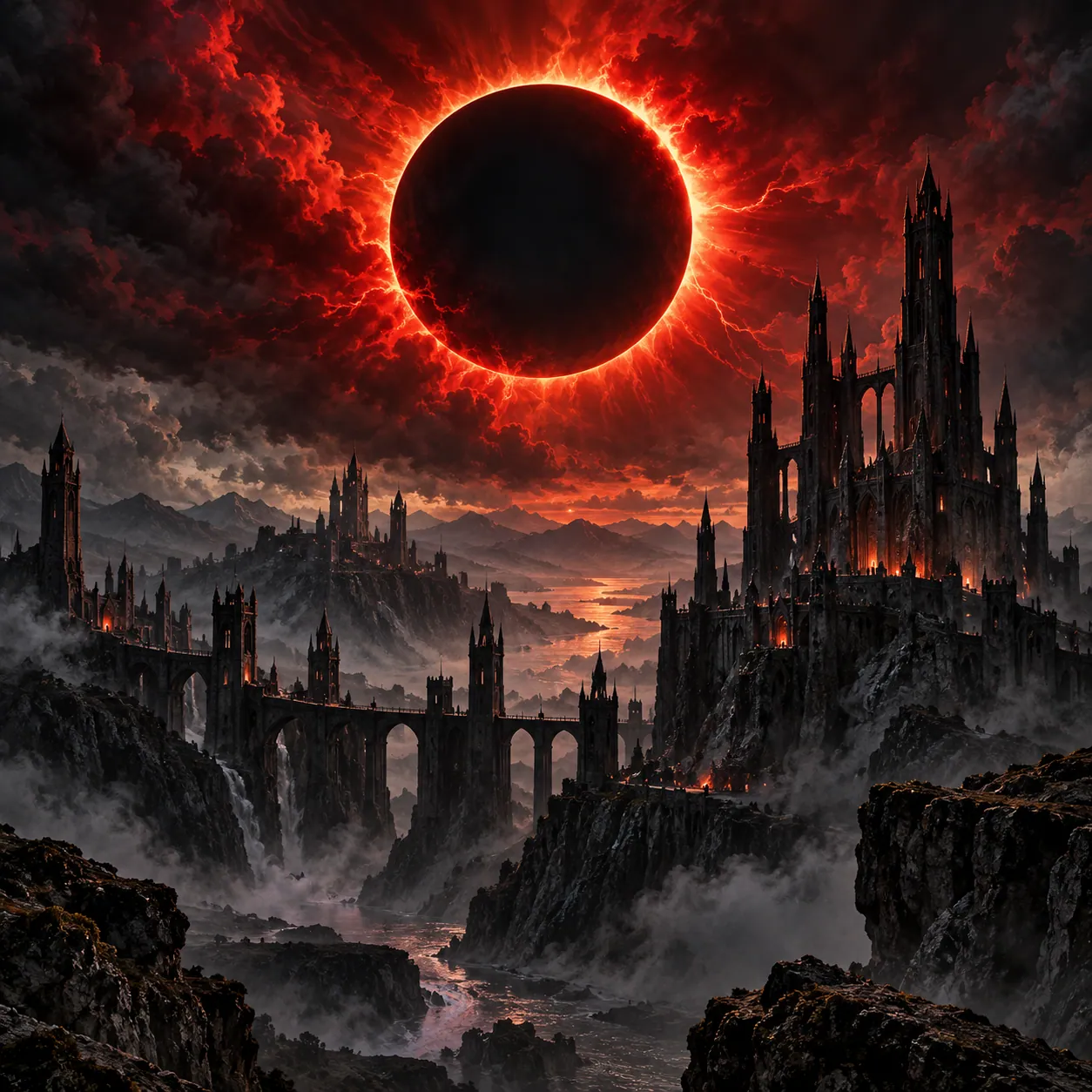 Eclipse rojo sobre torres oscuras