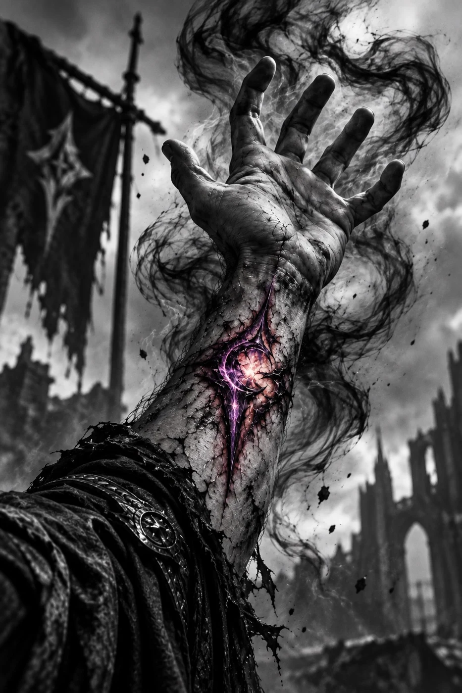 La Marca de la Sombra sobre un brazo, rodeada de bruma oscura
